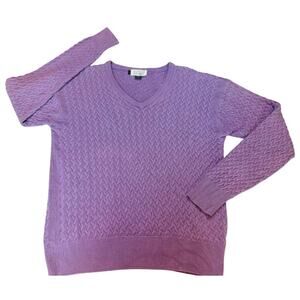 Tuttle Women's Large V-Neck Silk Blend Cable Knit Sweater Purple Preppy